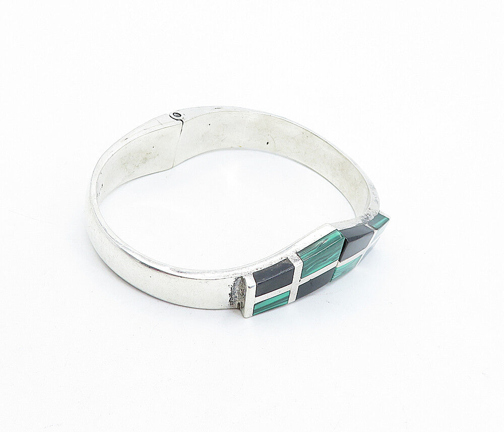MEXICO 925 Sterling Silver  Vintage Malachite & Onyx Bangle Bracelet  BT1456
