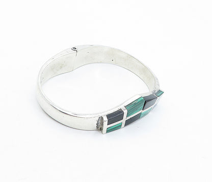 MEXICO 925 Sterling Silver  Vintage Malachite & Onyx Bangle Bracelet  BT1456