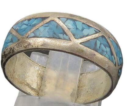SOUTHWESTERN 925 Silver Vintage Turquoise Pattern Band Ring Sz 8 RG22895