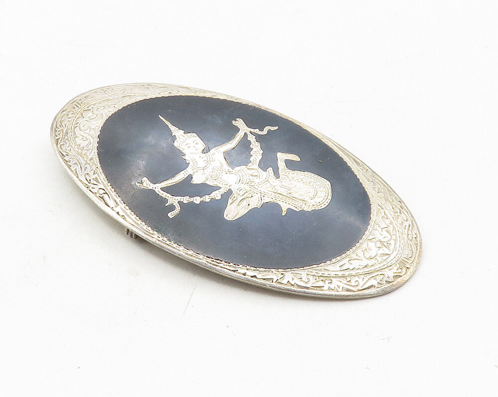 SIAM 925 Sterling Silver  Vintage Enamel Niello Dancer Brooch Pin  BP3758