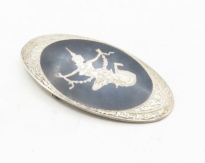 SIAM 925 Sterling Silver  Vintage Enamel Niello Dancer Brooch Pin  BP3758