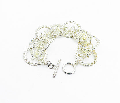925 Sterling Silver  Polished Open Circle Floral Twist Chain Bracelet  BT1619