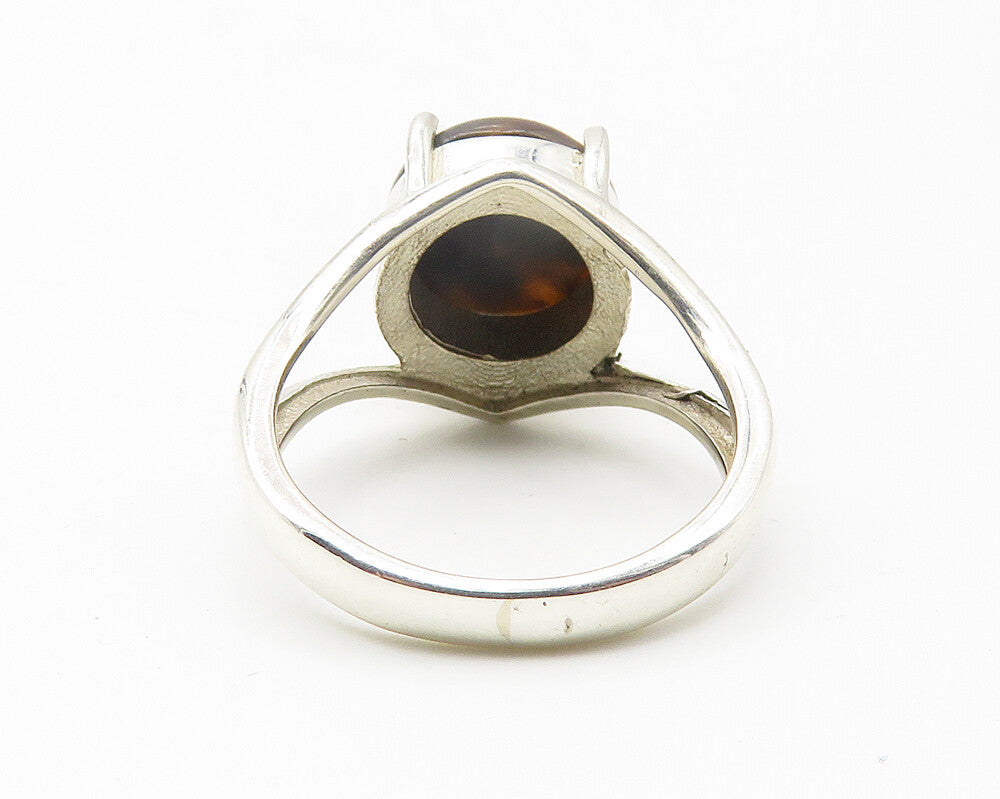 925 Sterling Silver  Cabochon Cut Tiger's Eye Shiny Band Ring Sz 6  RG11590