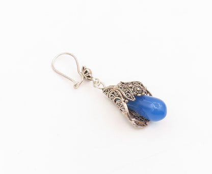 925 Sterling Silver Vintage Earrings Blue Beaded Bohemian Floral Dangle  EG13909
