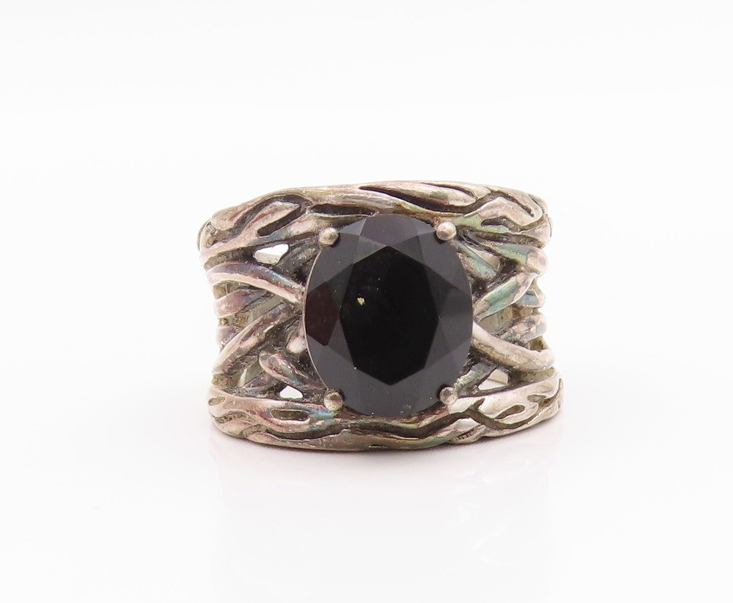 925 Sterling Silver Vintage Ring EFFY Brutalist Carved Oval Onyx  Sz 8  RG33247