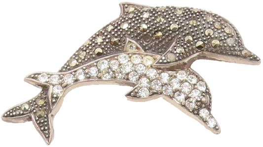 925 Sterling Silver Vintage Cubic Zirconia Marcasite Dolphins Brooch Pin BP3472