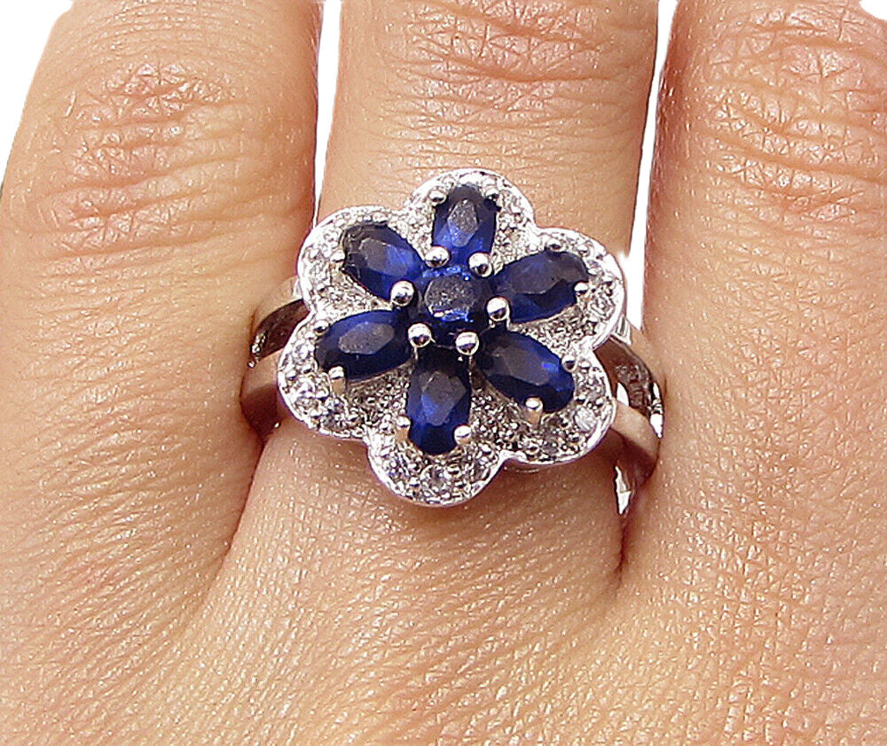 925 Silver  Blue Topaz & White Cubic Zirconia Floral Cocktail Ring Sz 7  RG3437
