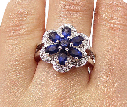 925 Silver  Blue Topaz & White Cubic Zirconia Floral Cocktail Ring Sz 7  RG3437