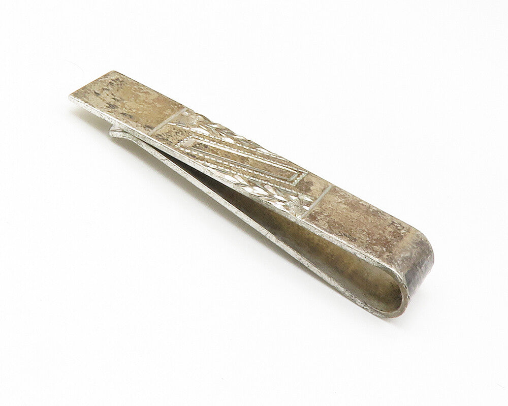 925 Sterling Silver  Vintage Shiny Etched Detail Dark Tone Tie Clip  TR2049