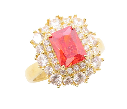 925 Sterling Silver Vintage Ring Gold Plated Red Beaded White CZ  Sz 7  RG30165