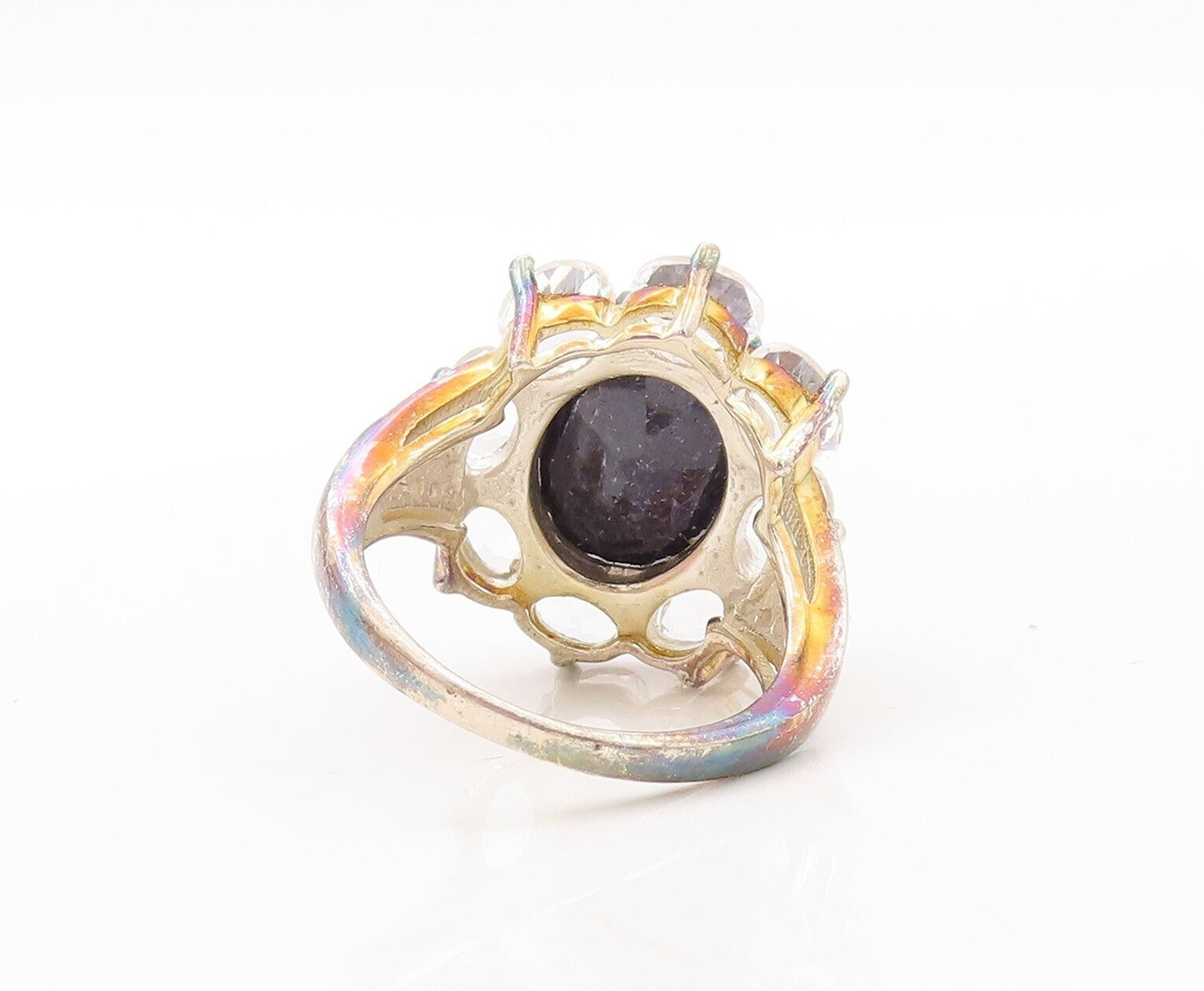 925 Sterling Silver Vintage Ring Sapphire & Topaz Inlay Flower  Sz 9  RG30670