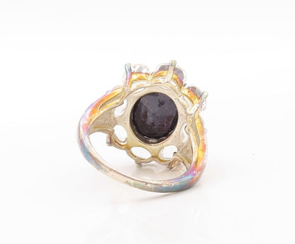 925 Sterling Silver Vintage Ring Sapphire & Topaz Inlay Flower  Sz 9  RG30670