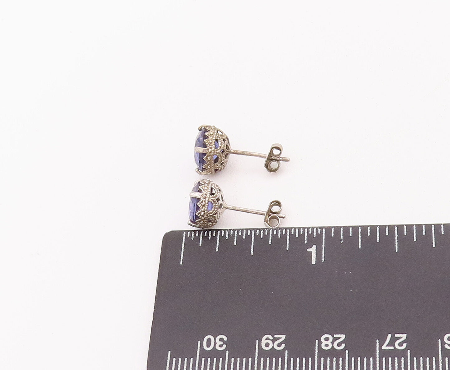 925 Sterling Silver Vintage Earrings Round Cut Purple CZ Carved Studs  EG12901