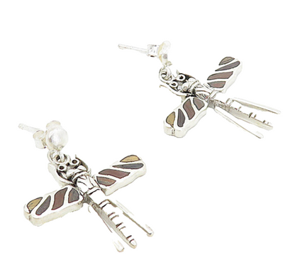 925 Sterling Silver  Vintage Inlaid Jasper Dragonfly Drop Earrings  EG3370