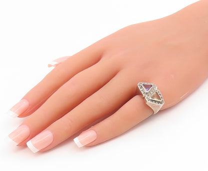 925 Sterling Silver Vintage Ring Amethyst & Citrine Geometric Band Sz 6 RG35175