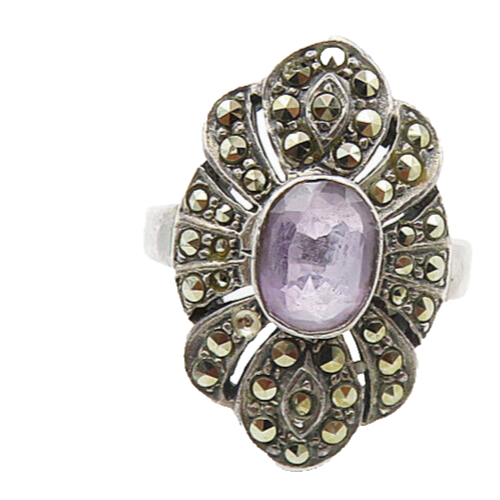 925 Sterling Silver  Vintage Amethyst & Marcasite Cocktail Ring Sz 6  RG8850