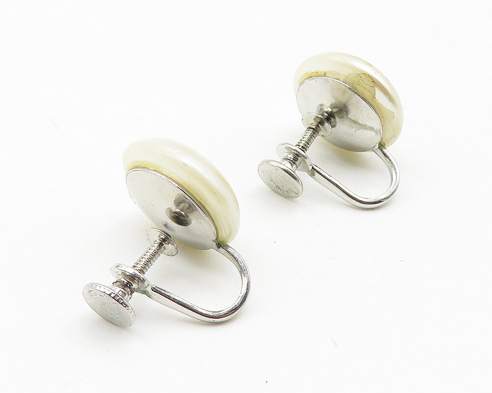 925 Sterling Silver  Shiny Button Pearl Non Pierce Screw Back Earrings  EG5838