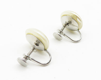 925 Sterling Silver  Shiny Button Pearl Non Pierce Screw Back Earrings  EG5838