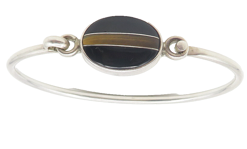 CII MEXICO 925 Silver  Vintage Black Onyx & Tiger's Eye Bangle Bracelet BT4636