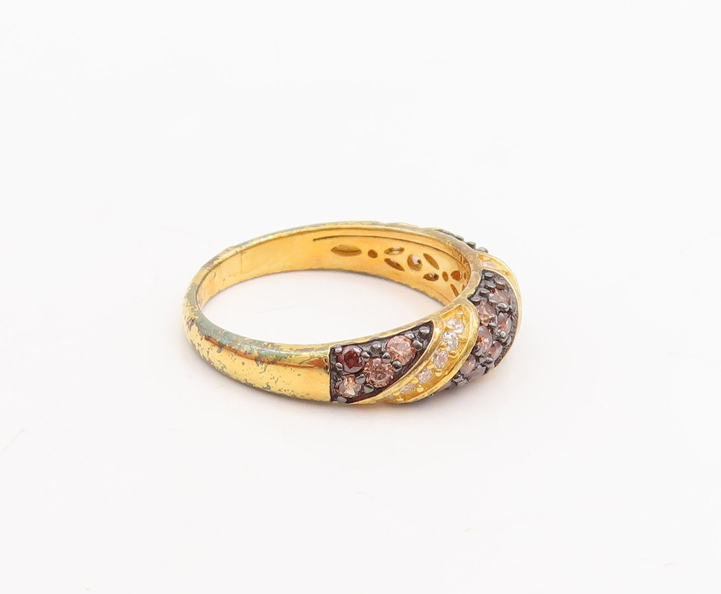 925 Sterling Silver Vintage Ring Gold Plated Smokey Quartz & CZ  Sz 7  RG29037