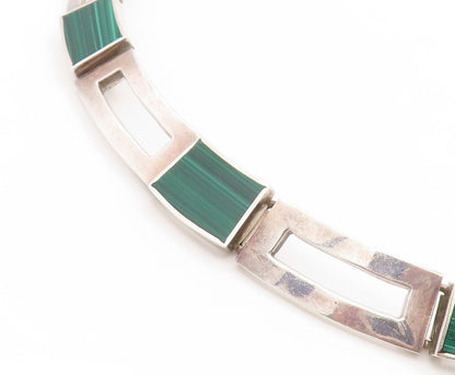 925 Sterling Silver Vintage Necklace MEXICO Malachite Geometric Collar  NE4648