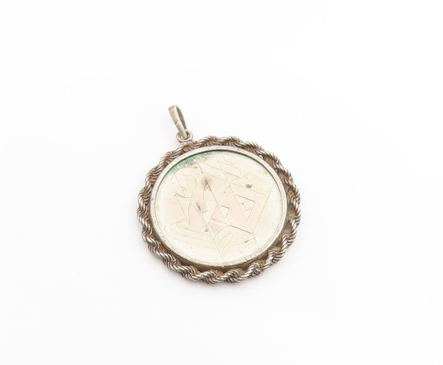 925 Sterling Silver Vintage Pendant Israel Coin Rope Border Medallion  PT25279