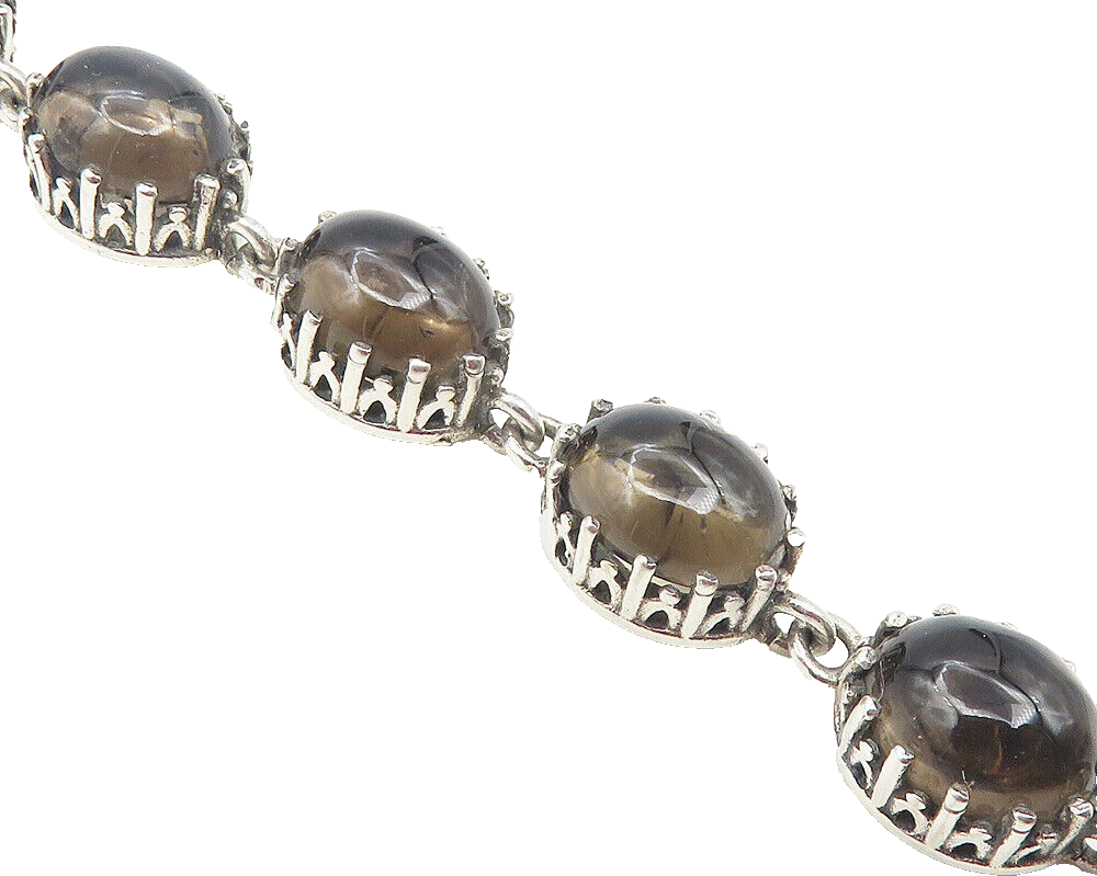 925 Sterling Silver  Vintage Cabochon Cut Smoky Topaz Chain Bracelet  BT4609