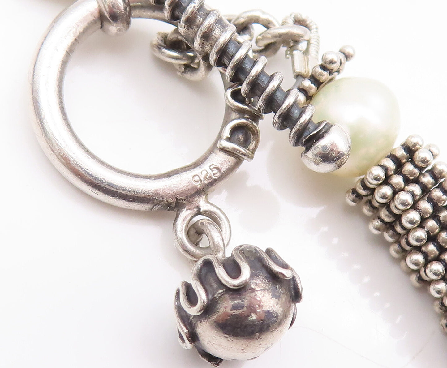 925 Sterling Silver Vintage Necklace DEBORAH ARMSTRONG Carved Pearls  NE4297