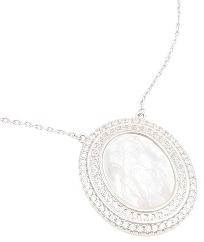 925 Sterling Silver Vintage Necklace Mother Of Pearl Halo CZ Virgin Mary  NE4902
