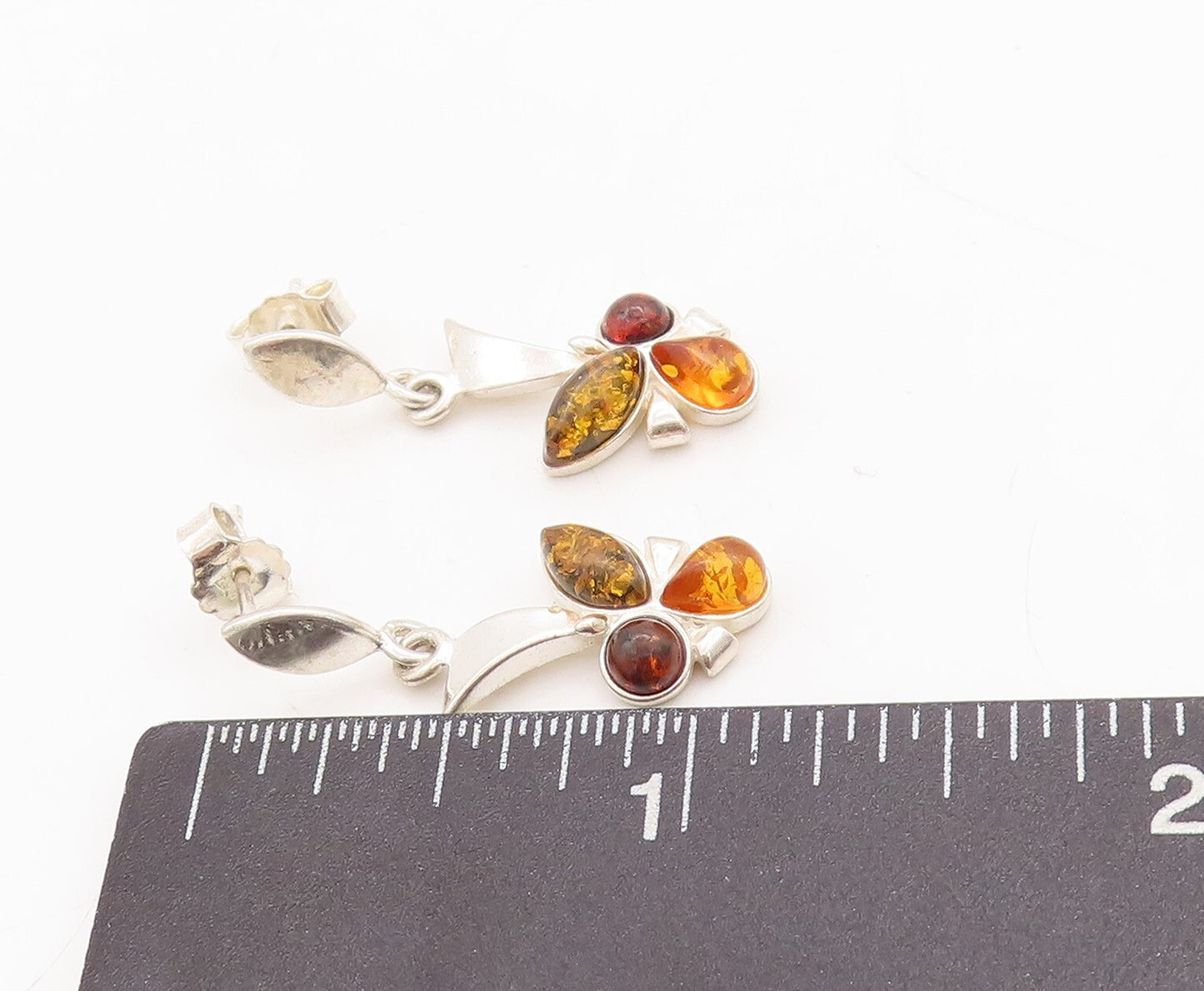 925 Sterling Silver Vintage Earrings Cabochon Honey Amber Flying Bee  EG13102