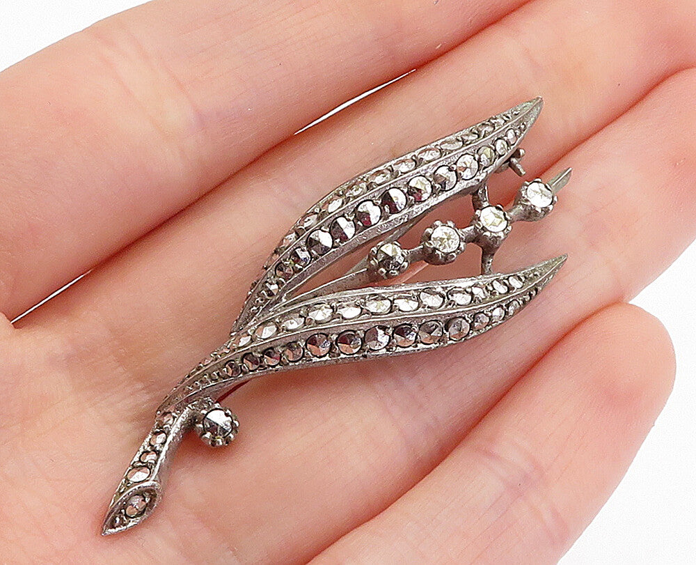 925 Sterling Silver  Vintage Sparkling Floral Leaf Design Brooch Pin  BP1602