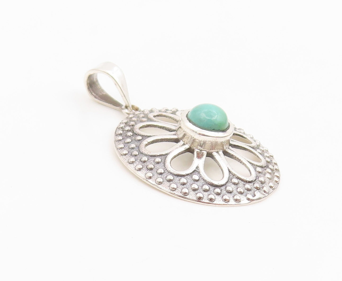 925 Sterling Silver Vintage Pendant Round Turquoise Floral Cutout Charm  PT25984