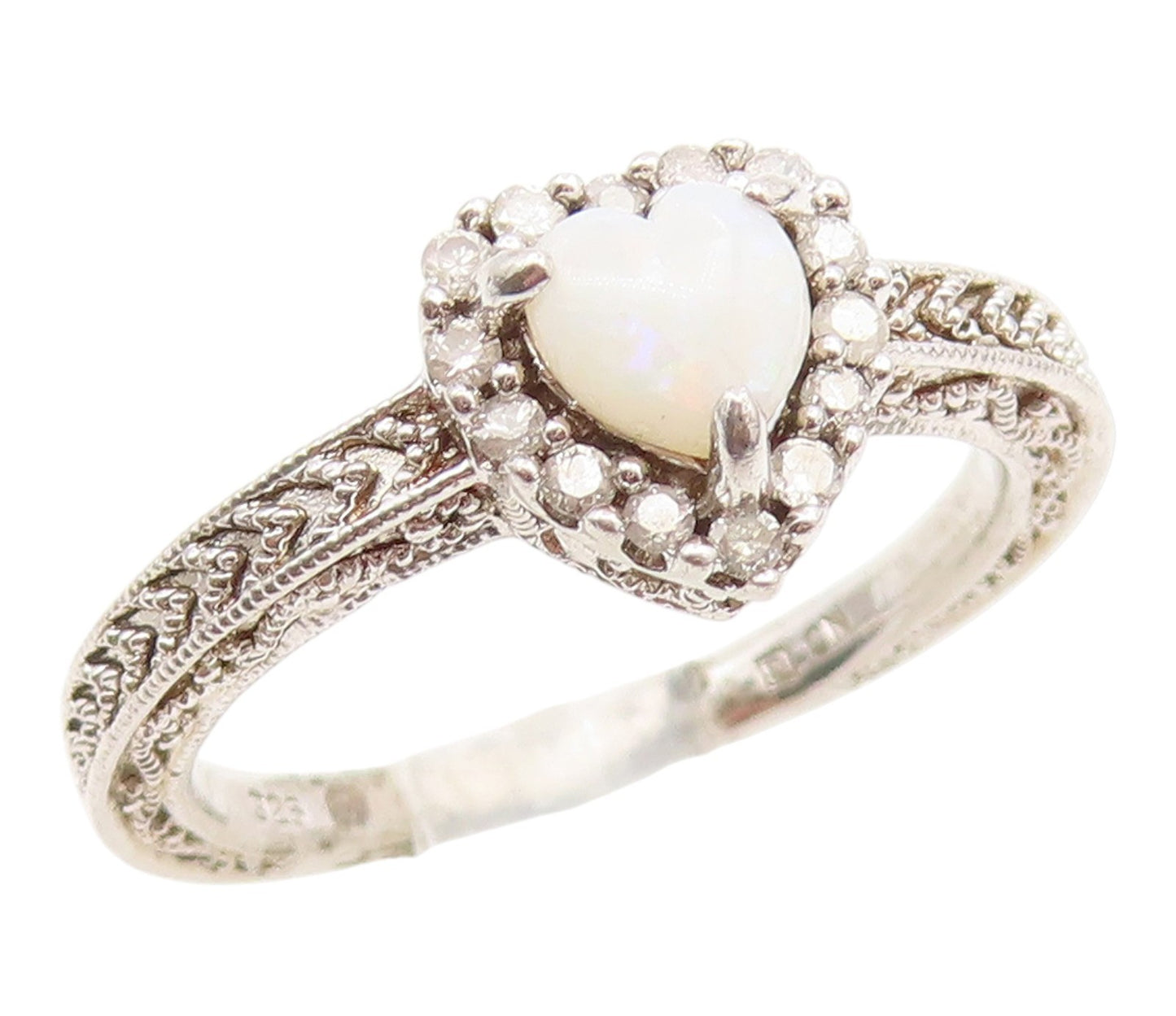 925 Sterling Silver Vintage Ring White Opal & Real Diamonds Heart  Sz 7  RG35067