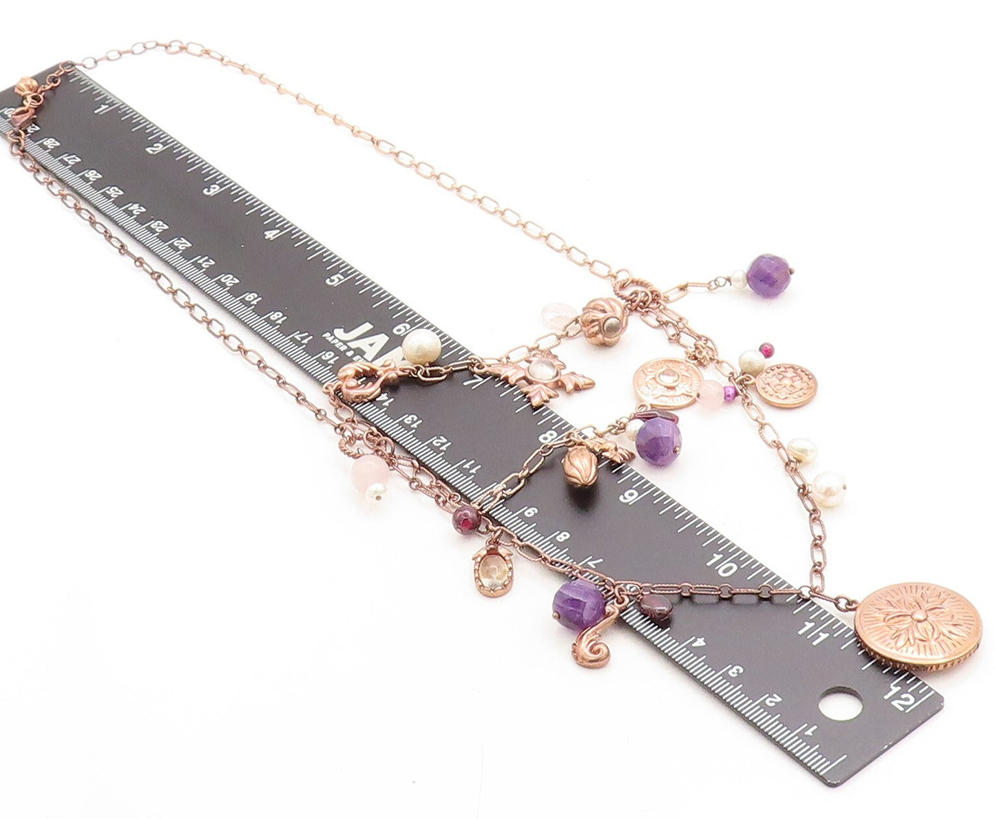 925 Silver  Vintage Pearls Amethyst & Quartz Floral Chain Necklace  NE1017