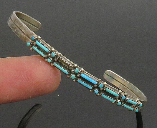 ZUNI NAVAJO 925 Silver - Vintage Needlepoint Turquoise Cuff Bracelet - BT9478