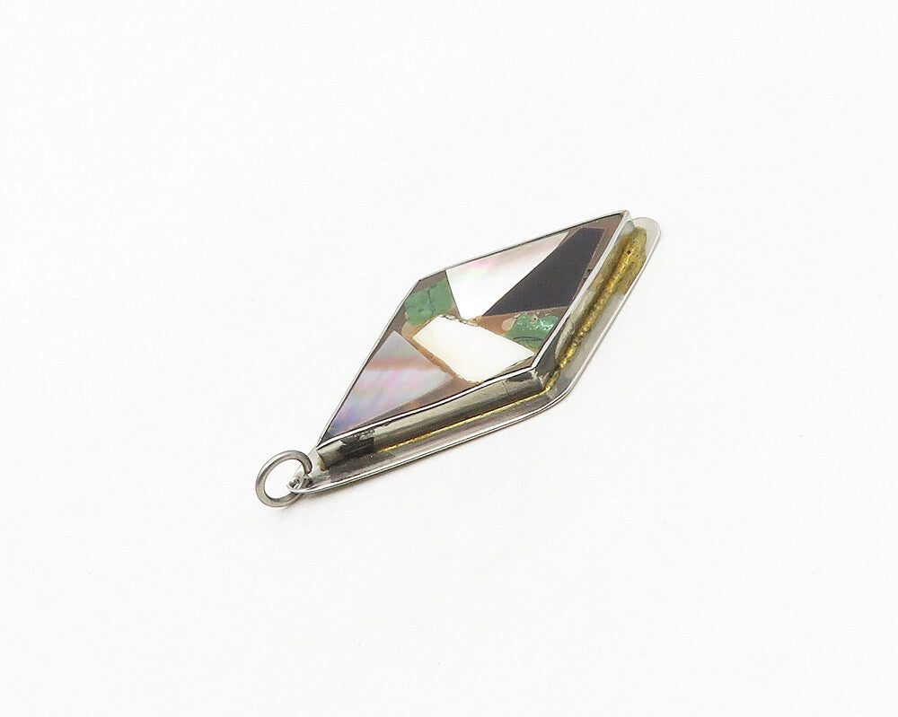 ISRAEL 925 Silver  Vintage Abalone Onyx & Eilat Stone Mosaic Pendant  PT14311