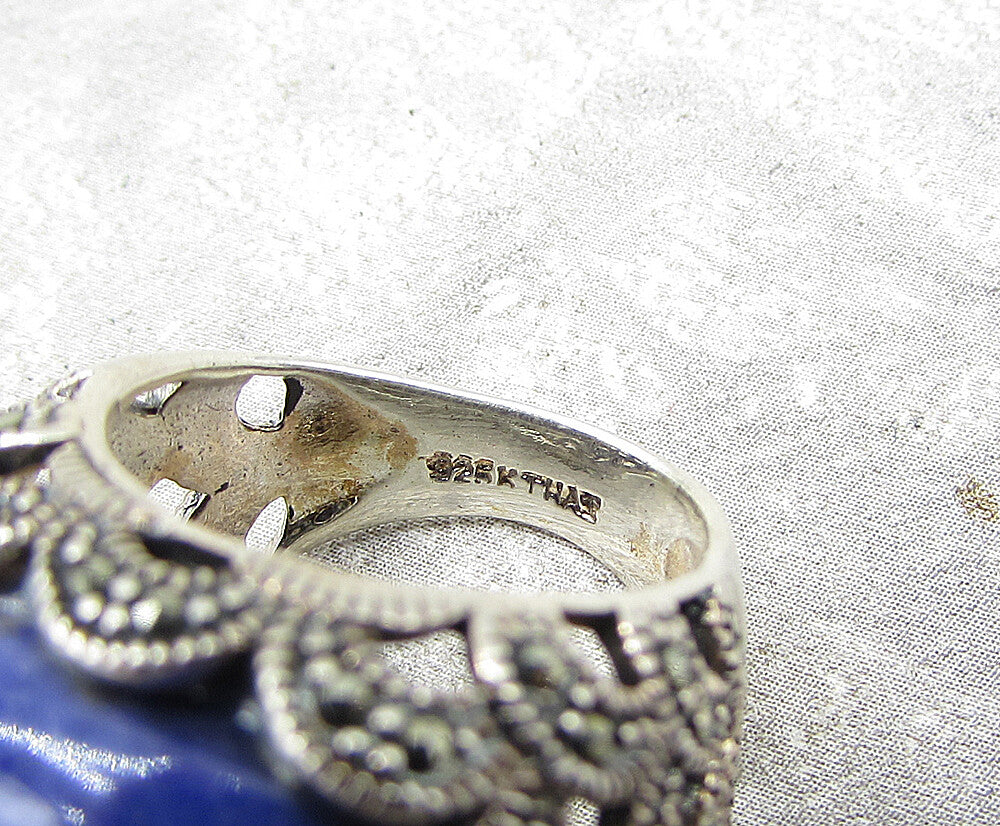 925 Sterling Silver  Sodalite & Marcasite Cocktail Ring Sz 5.5  RG1936
