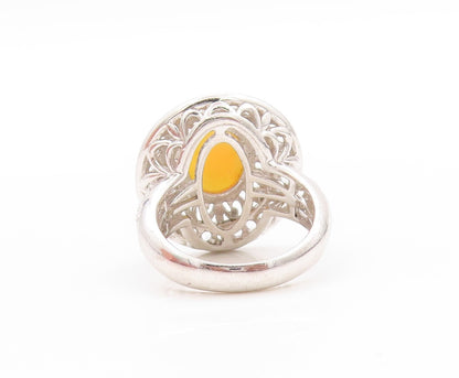 925 Sterling Silver Vintage Ring Oval Fire Opal Halo Topaz Bands  Sz 5  RG32724