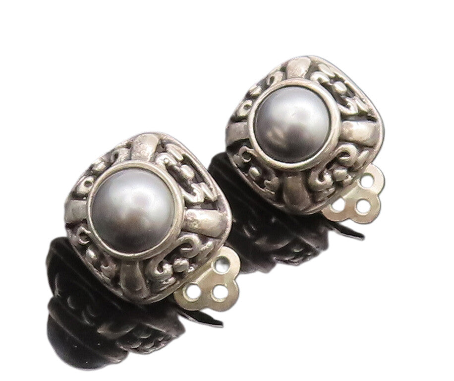 925 Sterling Silver Vintage Earrings Swirly Carved Square And Grey Pearl EG12884