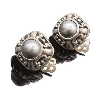 925 Sterling Silver Vintage Earrings Swirly Carved Square And Grey Pearl EG12884