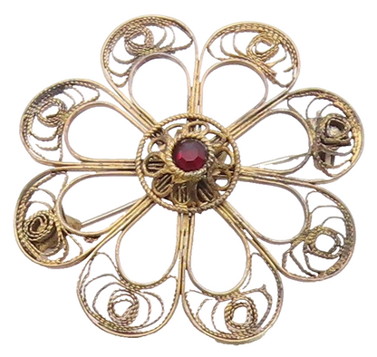 ISRAEL 925 Sterling Silver  Vintage Topaz Filigree Flower Brooch Pin  BP3606