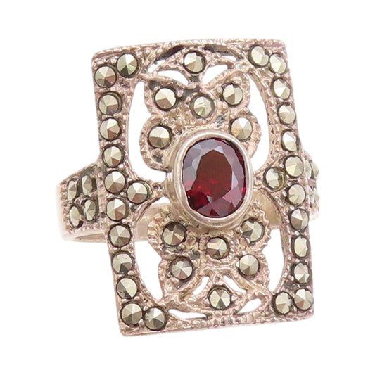 925 Sterling Silver Vintage Ring Garnet & Marcasite Antique Design Sz 8  RG32944