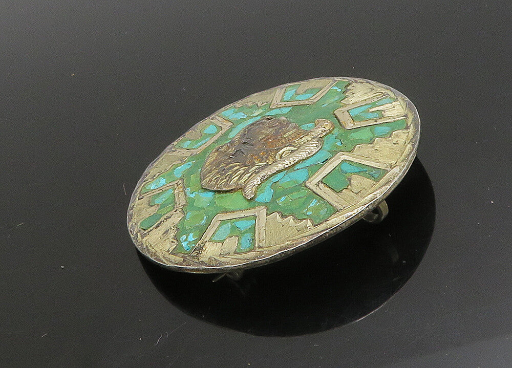 MEXICO 925 Sterling Silver  Vintage Turquoise Warrior Head Brooch Pin  BP9049