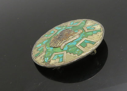 MEXICO 925 Sterling Silver  Vintage Turquoise Warrior Head Brooch Pin  BP9049