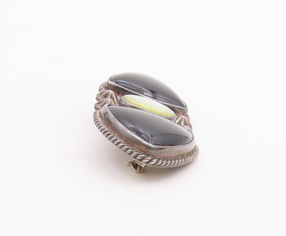 REVE 925 Silver  Vintage Black Onyx & Mother Of Pearl Twist Brooch Pin  BP8087