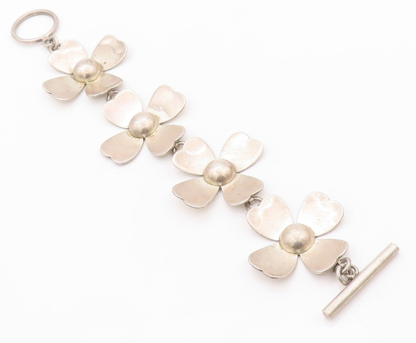 925 Sterling Silver Vintage Bracelet Solid Cutout Flowers Toggle Lock  BT10793