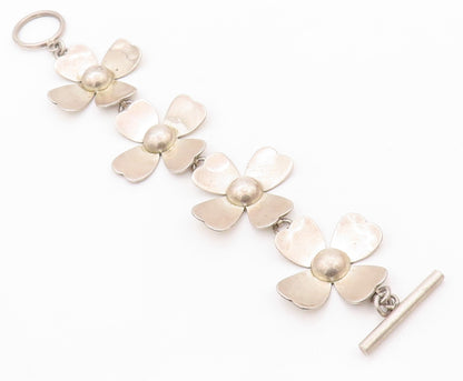 925 Sterling Silver Vintage Bracelet Solid Cutout Flowers Toggle Lock  BT10793