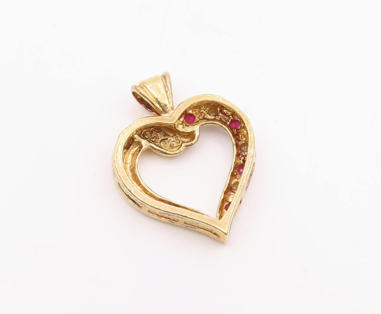 925 Sterling Silver  Vintage Genuine Diamond & Ruby Heart Pendant  PT15771
