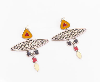 925 Sterling Silver Vintage Earrings Enameled Geometric Design Cut  EG13659