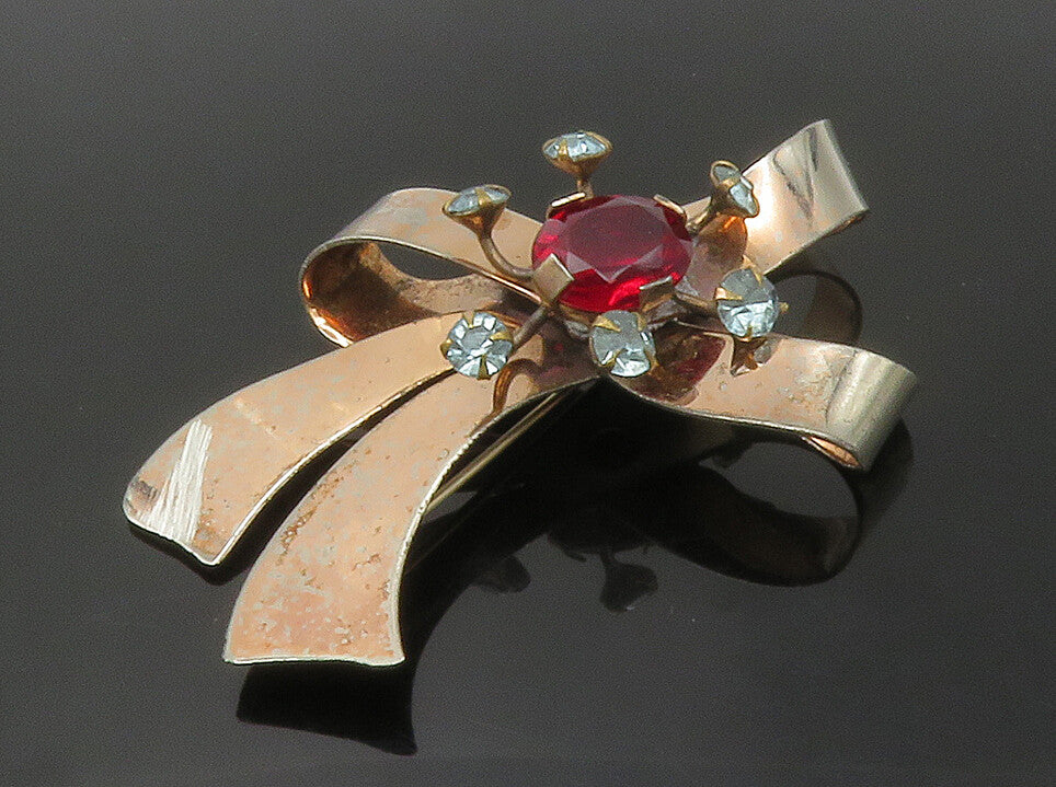 925 Sterling Silver  Vintage Pink & Blue Topaz Ribbon Bow Brooch Pin  BP5454